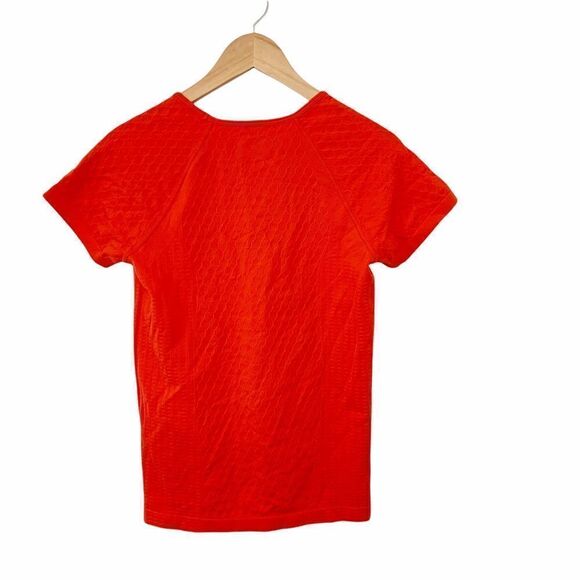 Athleta Bright Orange Honeycomb Round Neck Workout Stretchy Short Sleeve Shirt - Picture 1 of 5